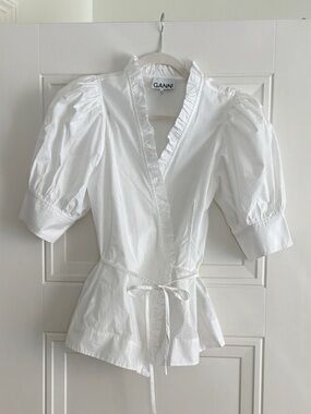Ganni White Ruffle-Trim Puff Sleeve Wrap Top
